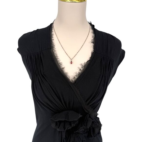 Cable & Gauge Rosette Floral V-Neck Blouse SMALL Black Cap Sleeve Stretch Career - Picture 3 of 11